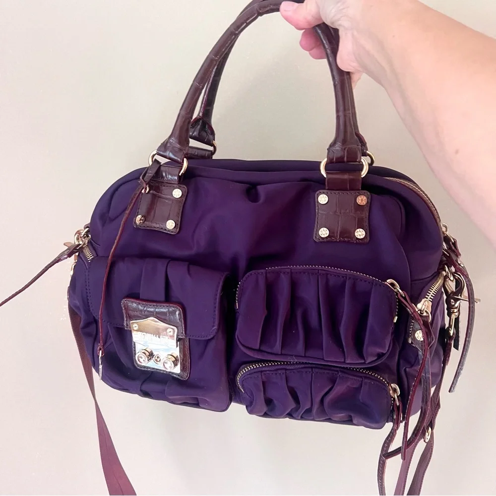 Gorgeous MZ Wallace plum nylon Clara satchel with leather trim & brass h…